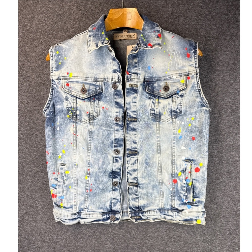 Evolution In‎ Design Denim Vest Ice Blue Paint Splatter Stretch Youth Size XL 18